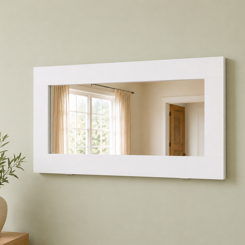 Satin White Mirror Secret Shelfie — Wall Mirror & Pillow Storage Shelf