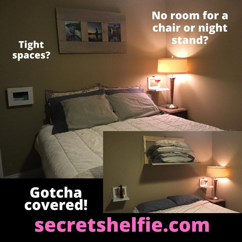 Gray Secret Shelfie styled in bedroom setting